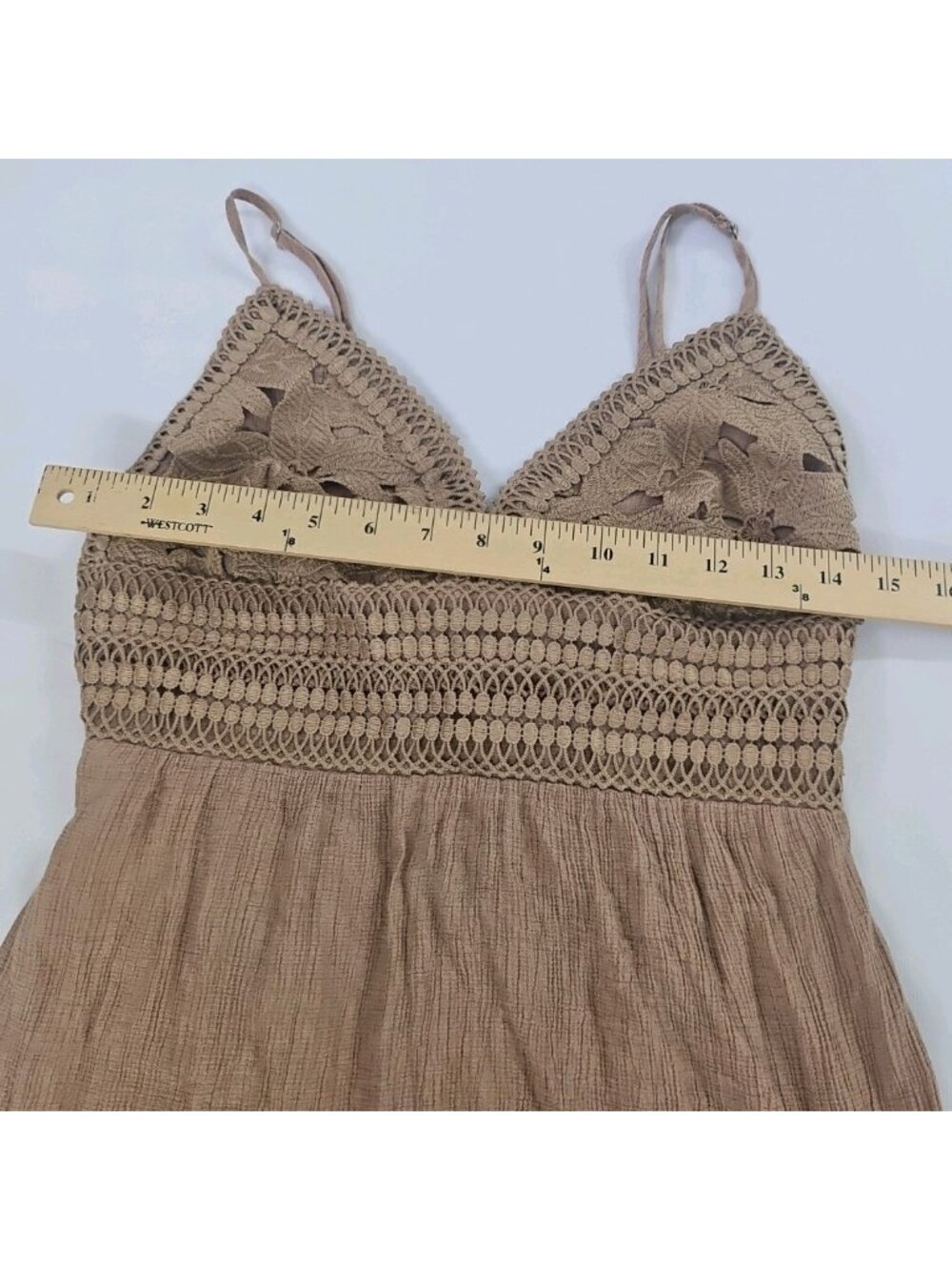 Love Tree Boho Maxi Dress L Beige Open Back Crochet Festival Beach Cottagecore - Picture 8 of 16